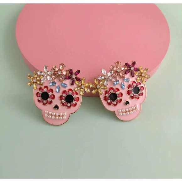 DAY of the dead Skull Stud Earrings rhinestone Embellished Pink Large - Picture 5 of 7